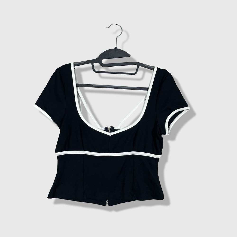 Maeve Anthropologie Zip Back Crop Top Womens M Black White Contrast Coquette